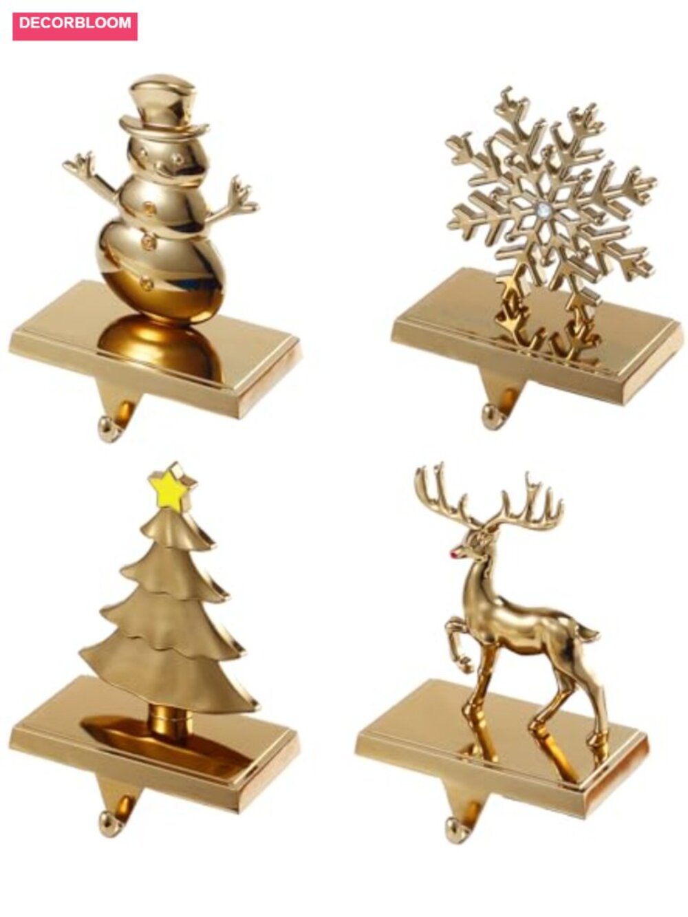 Set of 4 Antique Gold Christmas Stocking Holders Metal Mantel Hooks